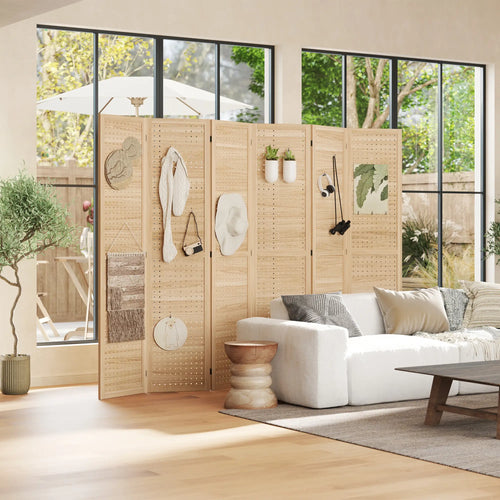 5.6 Ft. Tall 6-Panel Room Divider, Freestanding Folding Privacy Screen, Natural
