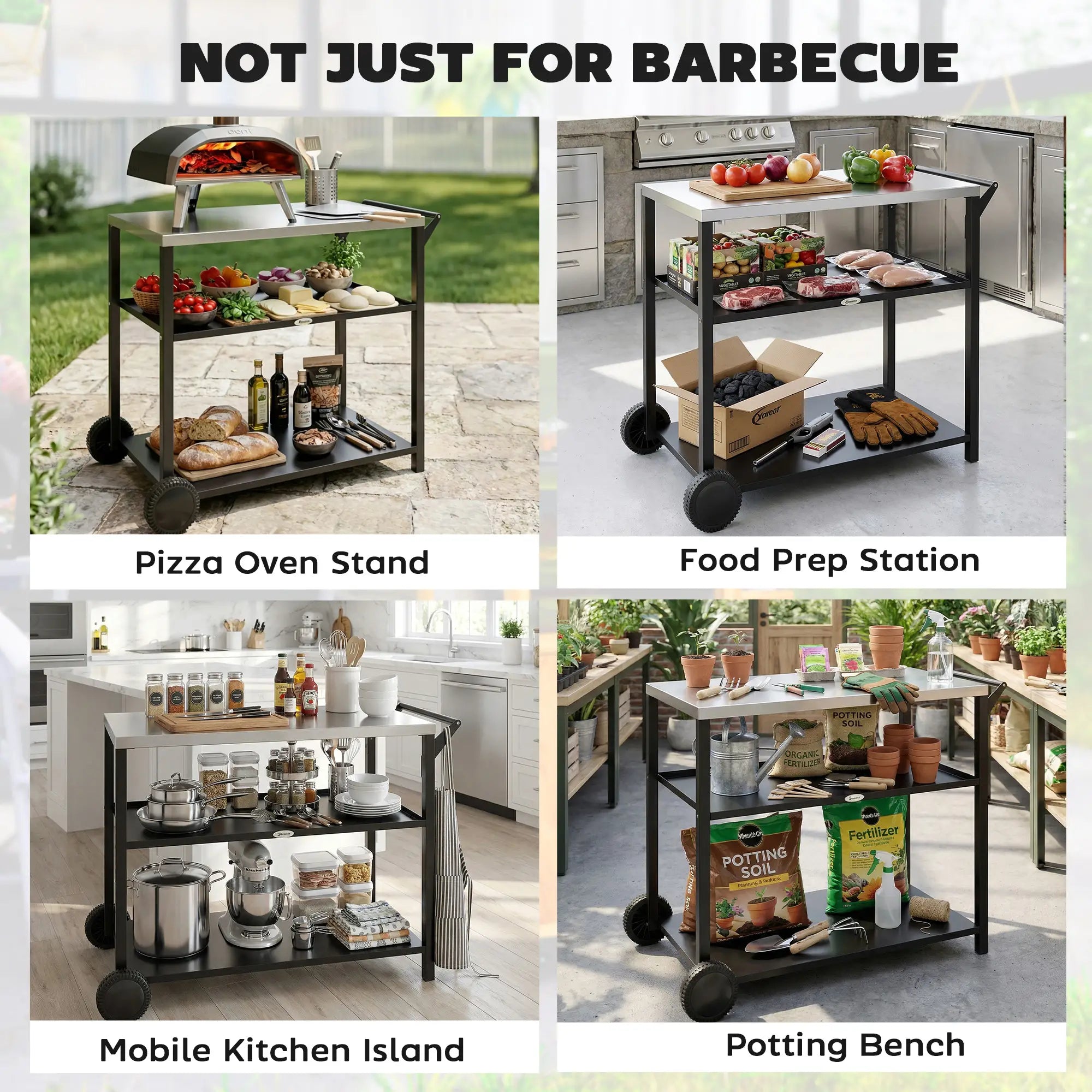 Outdoor Grill Cart, Stainless Steel Top, Three-Tier Pizza Oven Stand, Black Outdoor Grill Carts at Gallery Canada