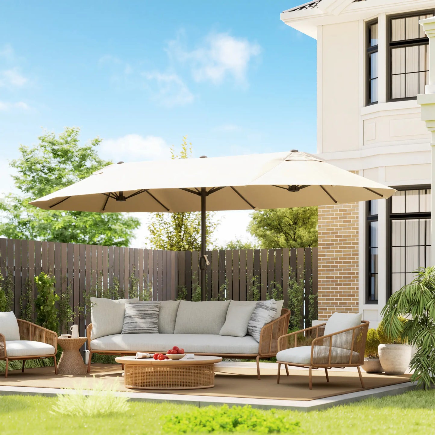 15' Outdoor Patio Umbrella, Twin Canopy Sunshade, Lift Crank, Beige Sun Umbrellas at Gallery Canada