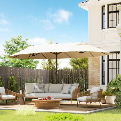 15' Outdoor Patio Umbrella, Twin Canopy Sunshade, Lift Crank, Beige Sun Umbrellas at Gallery Canada