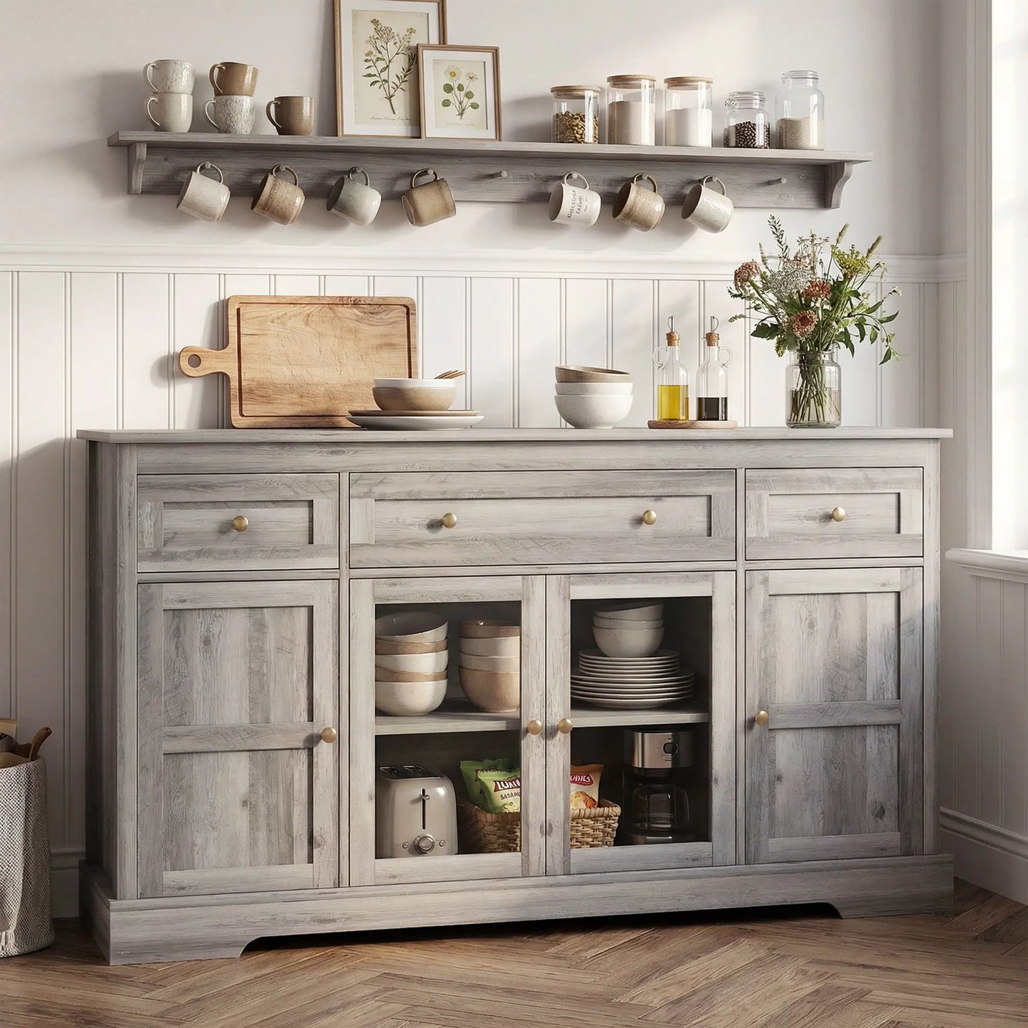 Sideboard Buffet Cabinet, Coffee Bar with Glass Doors, Adjustable Shelves, Weathered Grey Oak, Grey Bar Cabinets at Gallery Canada
