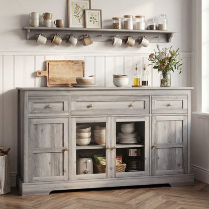 Sideboard Buffet Cabinet, Coffee Bar with Glass Doors, Adjustable Shelves, Weathered Grey Oak, Grey Bar Cabinets at Gallery Canada