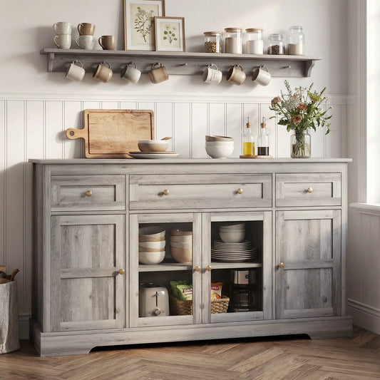 Sideboard Buffet Cabinet, Coffee Bar with Glass Doors, Adjustable Shelves, Weathered Grey Oak, Grey Bar Cabinets Weathered Grey Oak at Gallery Canada