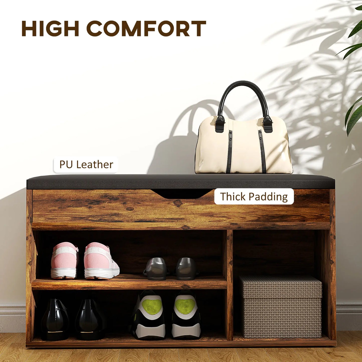 Shoe Bench with Padded Cushion, Hidden Storage, Rustic Brown Shoe Storage Cabinets & Racks at Gallery Canada