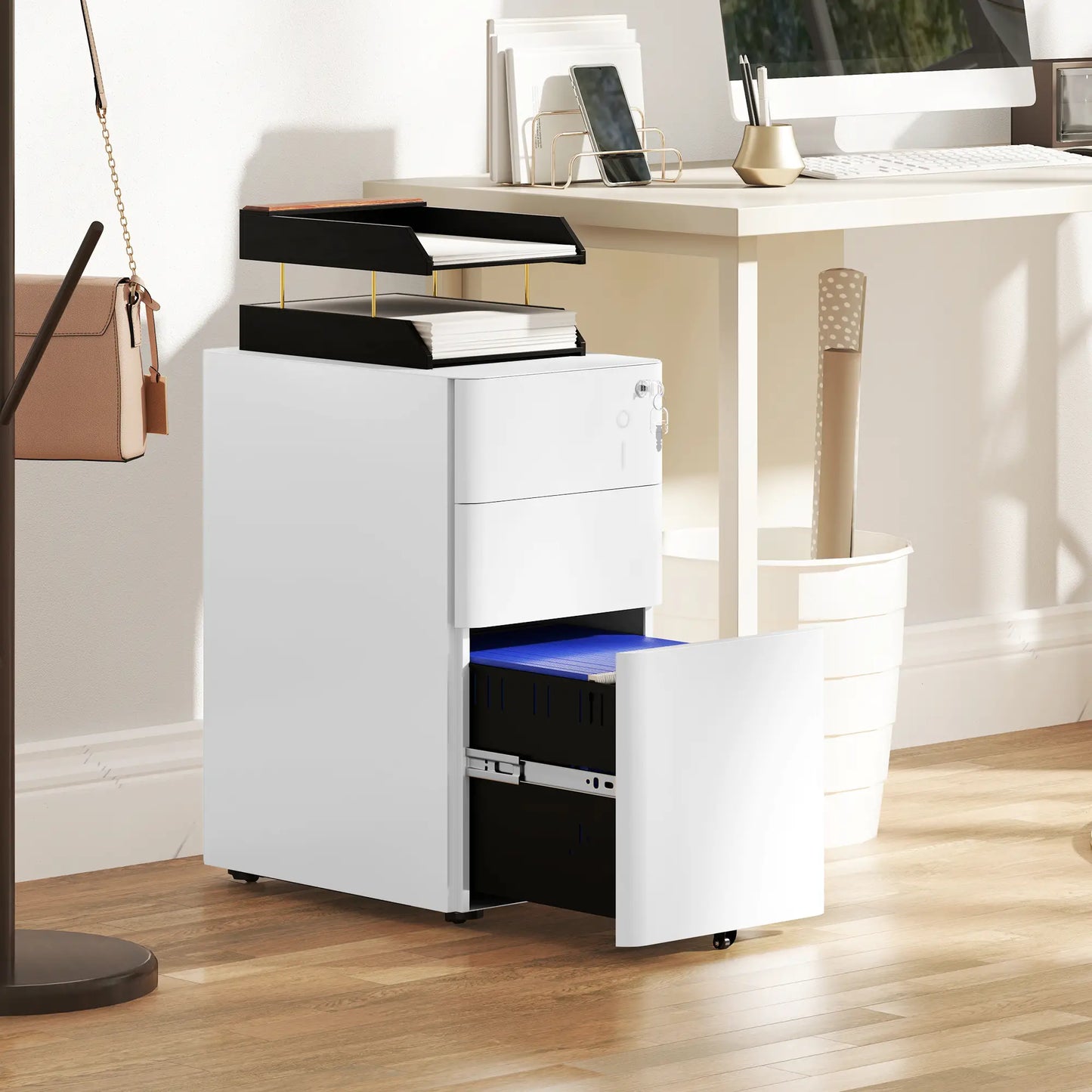 3 Drawer Filing Cabinet, Lockable Steel Office Storage, White Office Cabinets & Cupboards at Gallery Canada