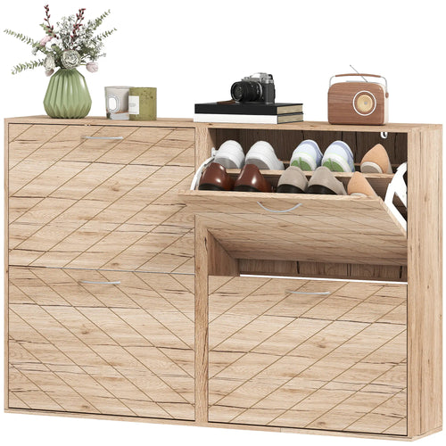 Shoe Storage Cabinet, 3 Flip Drawers, Narrow Slim, 12 Pair Organizer, Oak