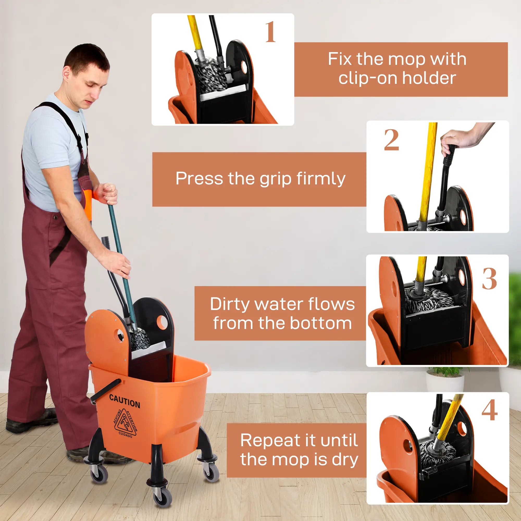 6.9 Gal/26L Mop Bucket With Wringer, Wheels, Handle, Orange Household Supplies at Gallery Canada