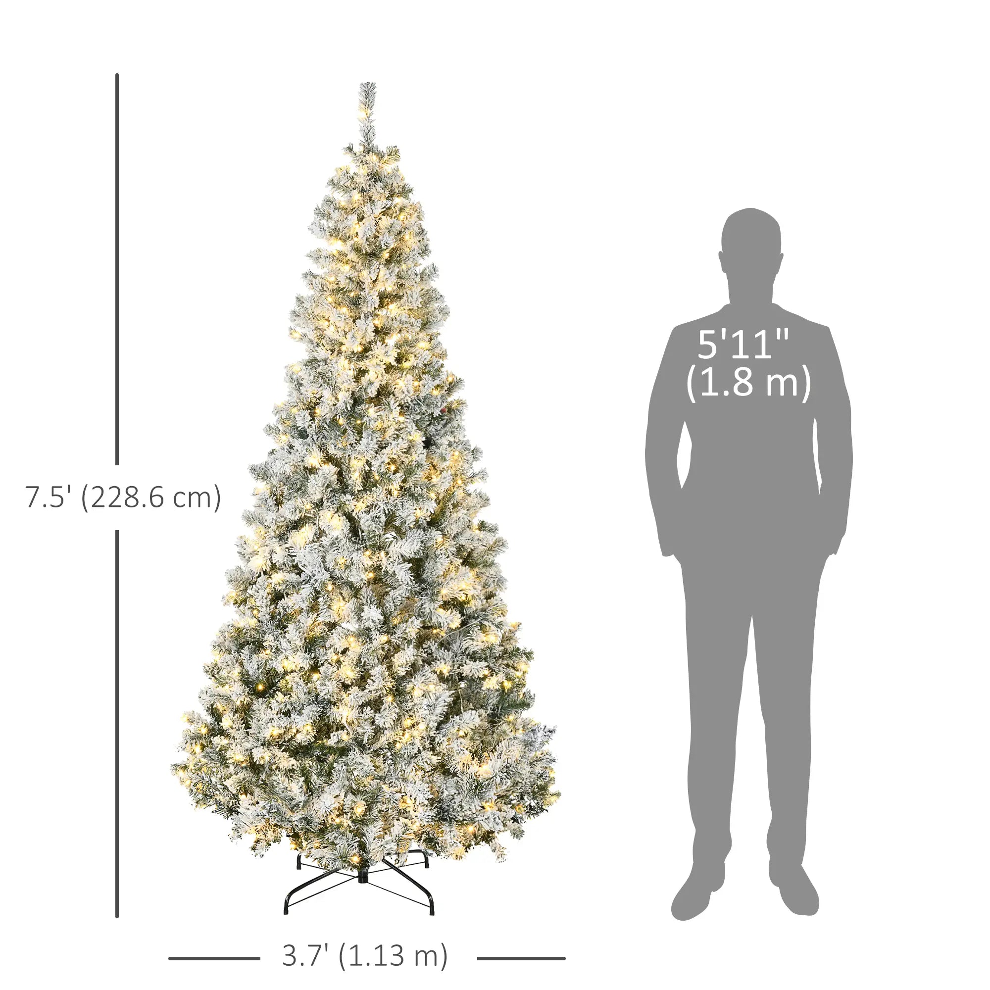 7.5ft Prelit Artificial Christmas Tree, Snow Flocked, Metal Base, Warm White LED Pre Lit Christmas Trees at Gallery Canada
