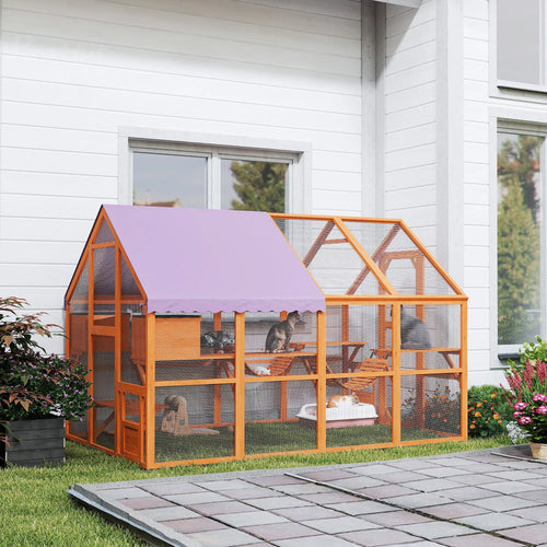 Wooden Outdoor Cat Enclosure, Weatherproof Canopy, Bridges, Resting Boxes, Platforms, for 3-6 Cats