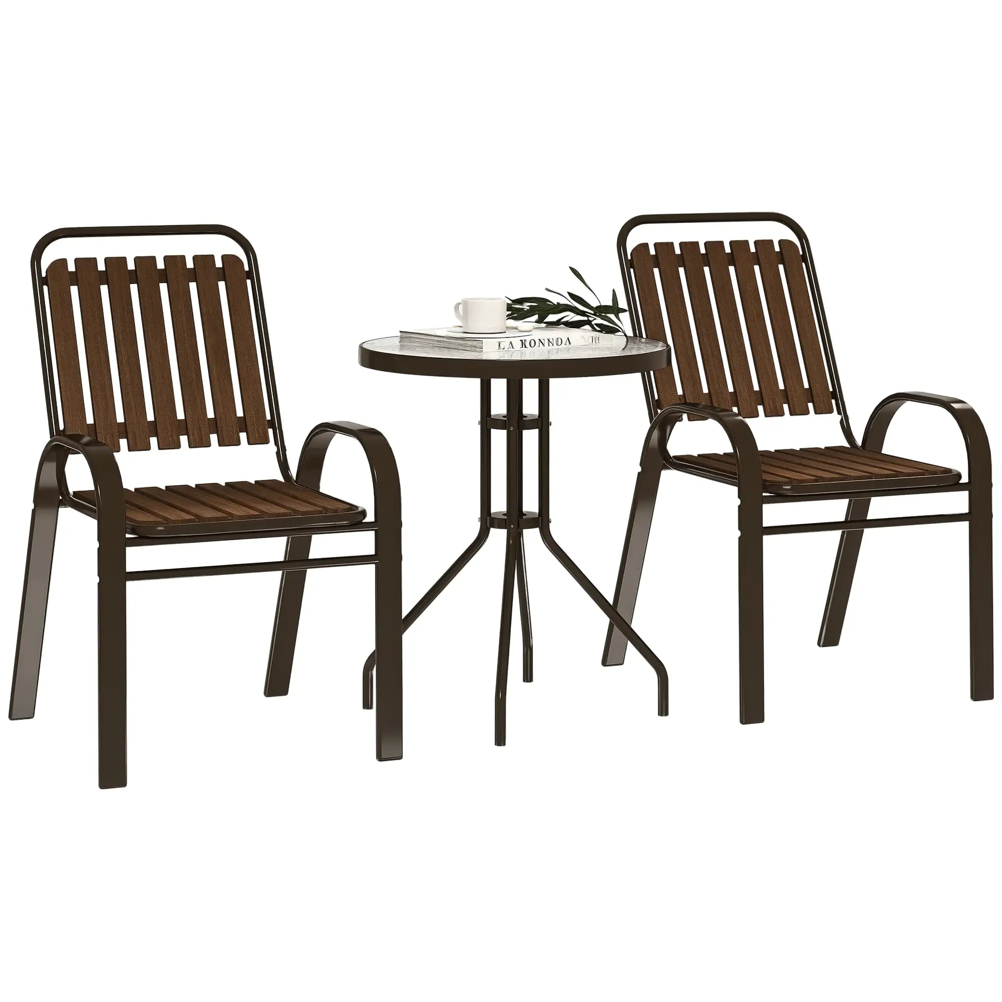 3pc Patio Bistro Set, 2 Stackable Chairs with Glass Table, Outdoor, Dark Brown Bistro Sets at Gallery Canada