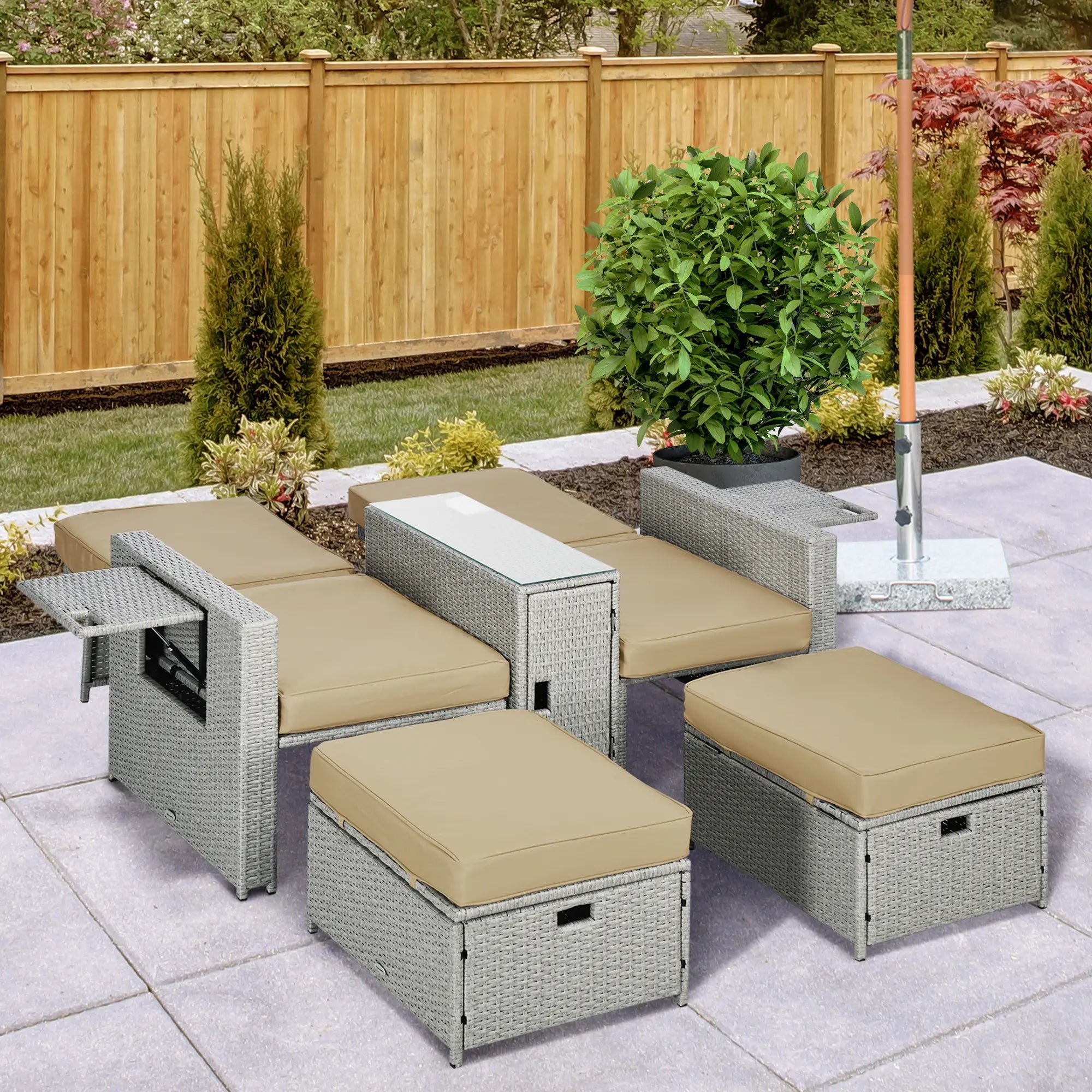 5PC Wicker Patio Lounger, Adjustable Recliner Sofa Bed, Storage Side Table, Footstools, Khaki Chaise Loungers at Gallery Canada