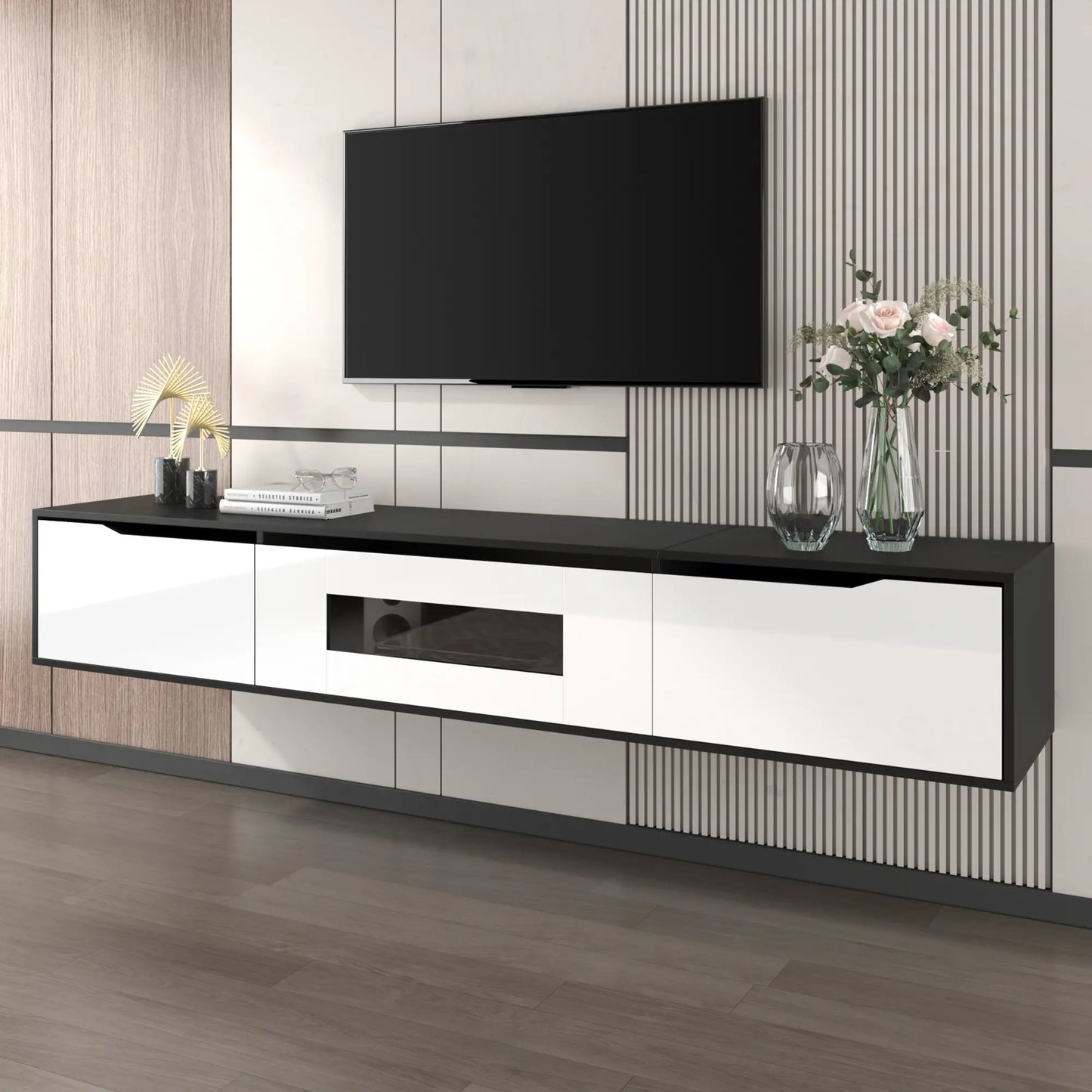 TV Stand With LED Lighting, Mounting Options, 71" L x 12" W x 12" H, Black+White TV Stands at Gallery Canada