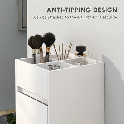 Slim Bathroom Cabinet, 4 Compartments, 3 Drawers, Towel Rack, White