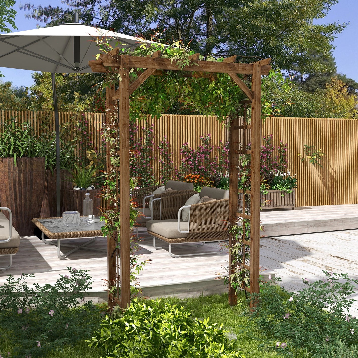 85" Wooden Garden Arbour, Arch Trellis for Climbing Vines, Carbonized Garden Arches at Gallery Canada