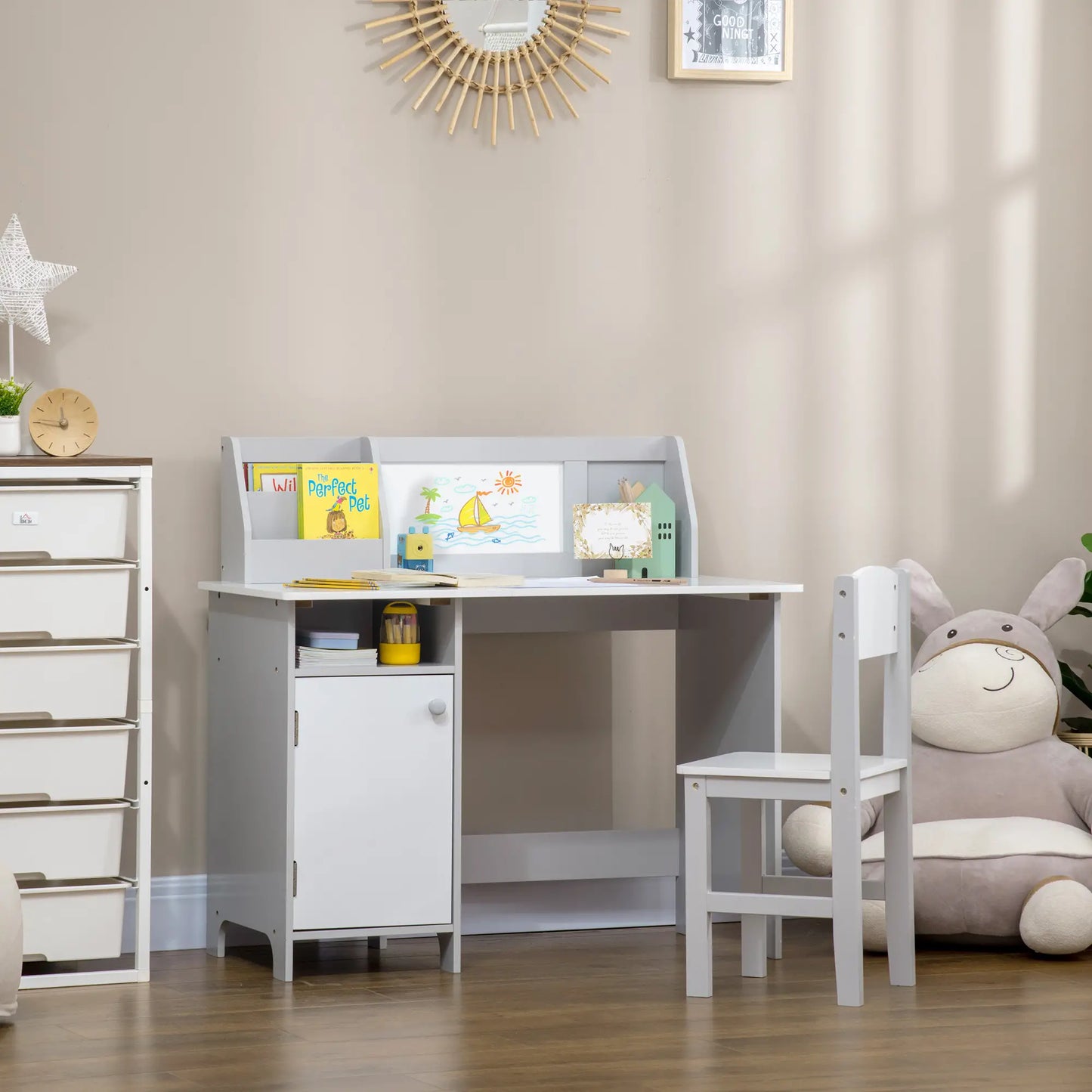 Kids Desk and Chair Set, 2Pcs, with Whiteboard, Storage, Grey Kids Desk Sets at Gallery Canada