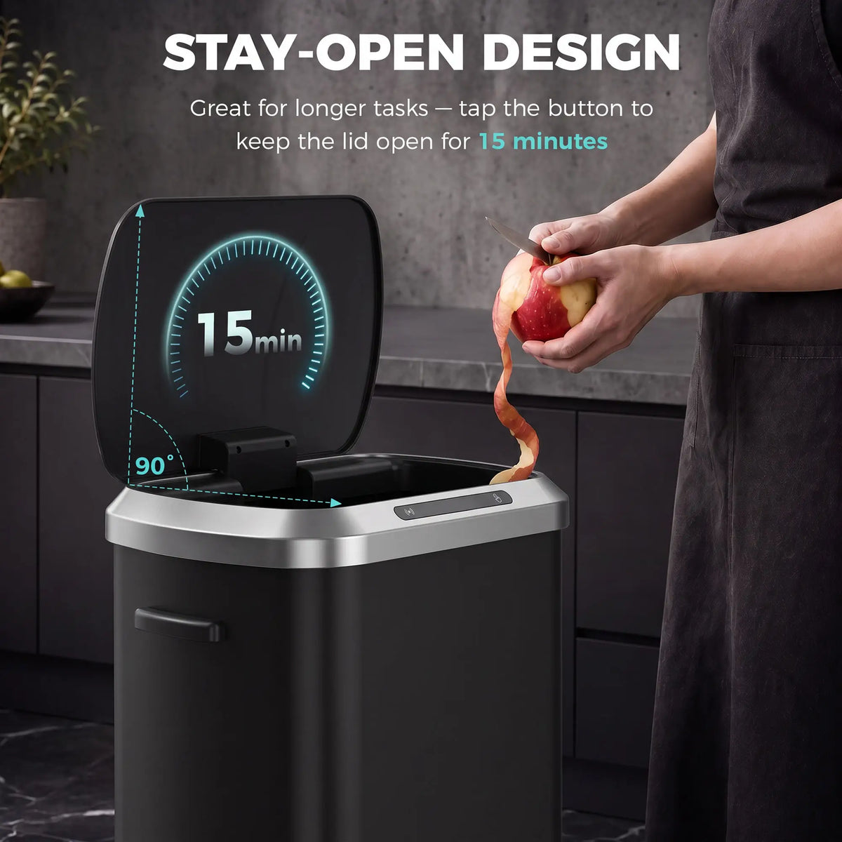 50L Touchless Trash Can, Black Stainless Steel Soft-Close Lid, Black