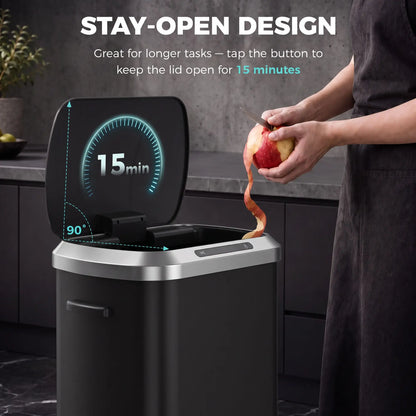 50L Touchless Trash Can, Black Stainless Steel Soft-Close Lid, Black