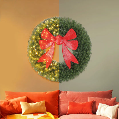 36in Pre-Lit Christmas Wreath, 3D Red Bow, 11 Lighting Modes, Remote, Red Christmas Wreaths at Gallery Canada