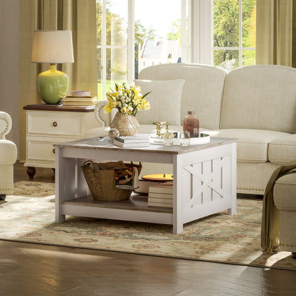 31.5" Square Coffee Table, Farmhouse 2-Tier, Distressed Oak Brown, Brown Coffee Tables at Gallery Canada