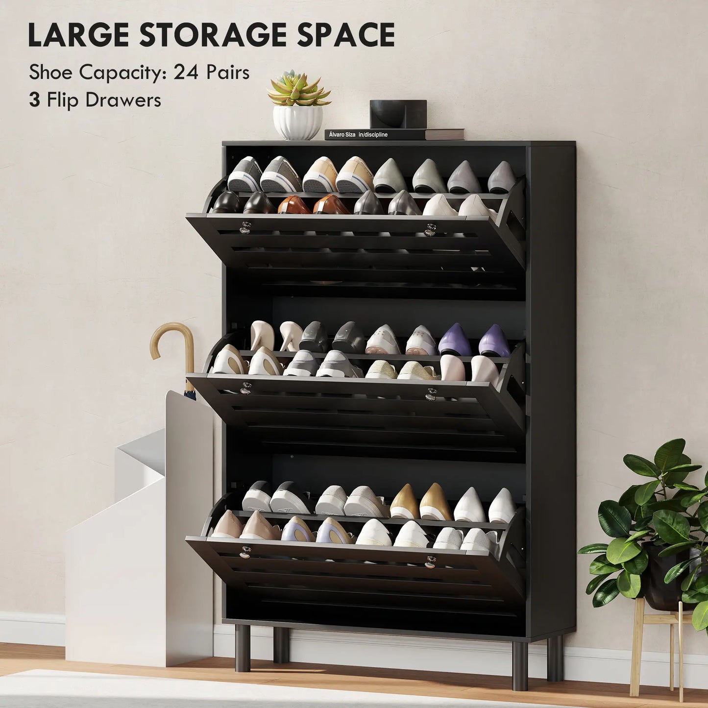 Narrow Shoe Storage Cabinet, 3 Flip Drawers, Adjustable Shelves, 24 Pairs, Black Shoe Storage Cabinets & Racks at Gallery Canada