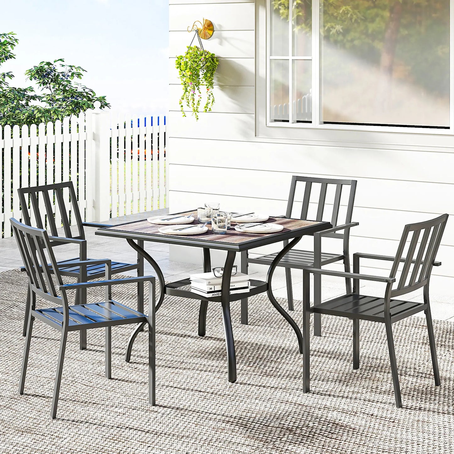 Square Outdoor Dining Table For 4, With Umbrella Hole And Shelf, Grey Patio Dining Tables at Gallery Canada