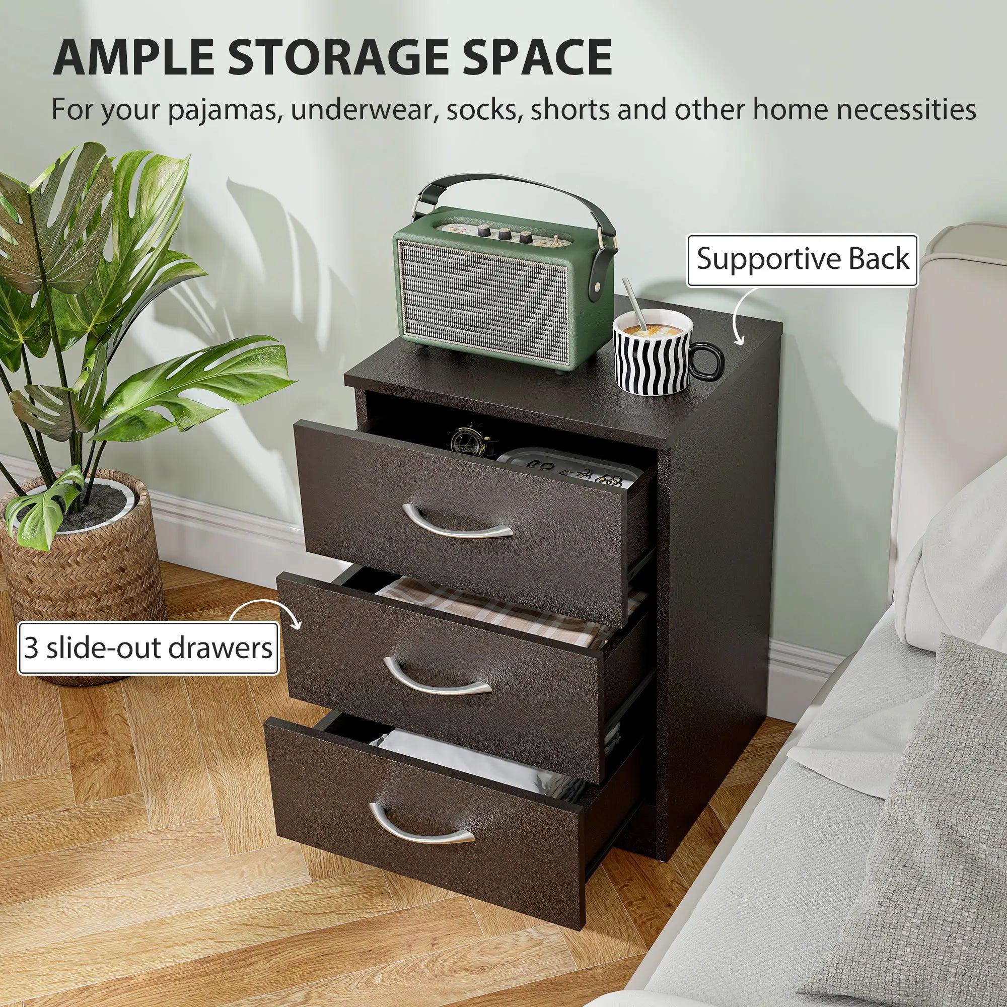 Modern Night Stand, 3 Drawers, Metal Rail, Dark Brown Bedside Tables at Gallery Canada