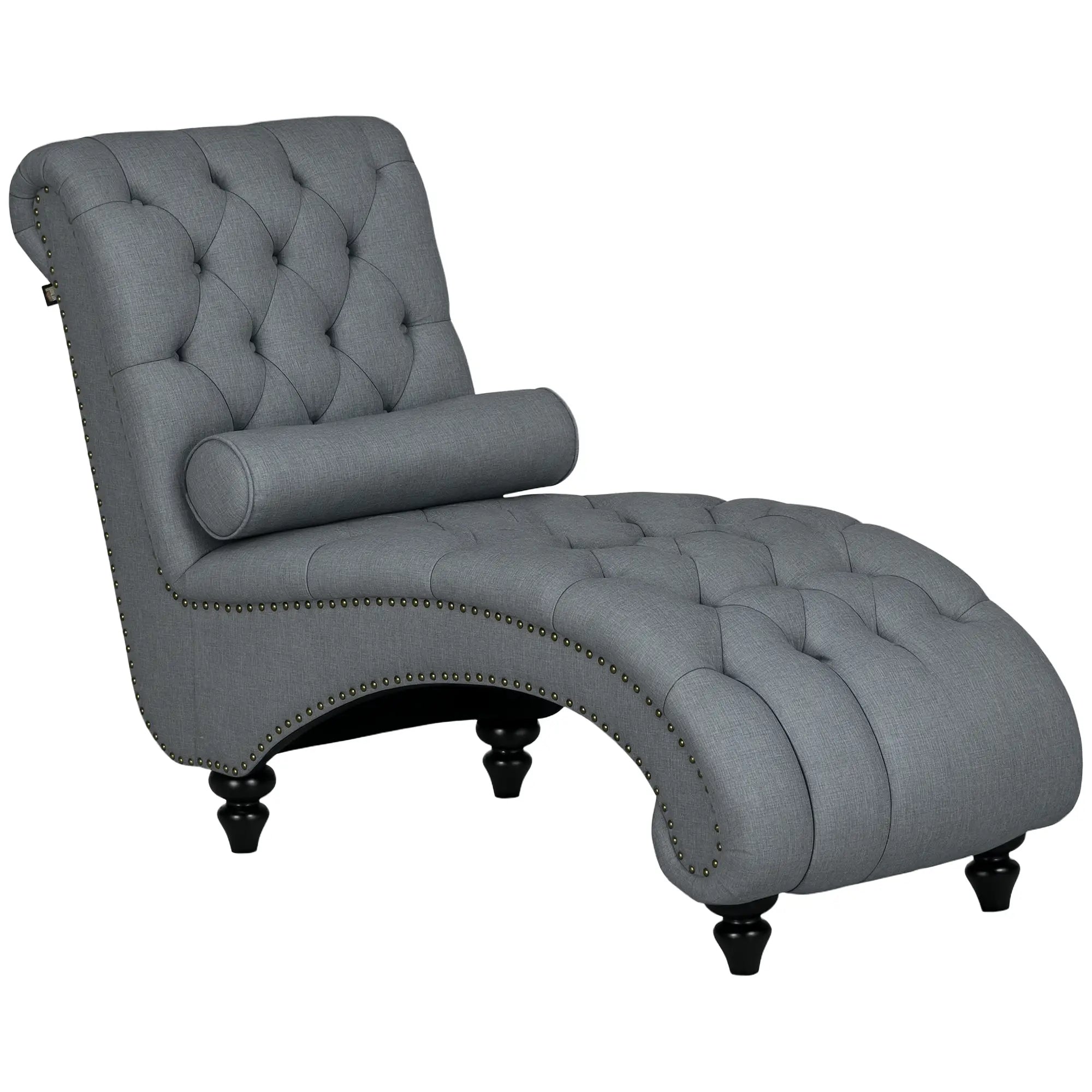 Button Tufted Chaise Lounge Chair, Upholstered with Bolster Pillow, Wood Legs, Nailhead Trim, Grey Single Sofas Grey at Gallery Canada