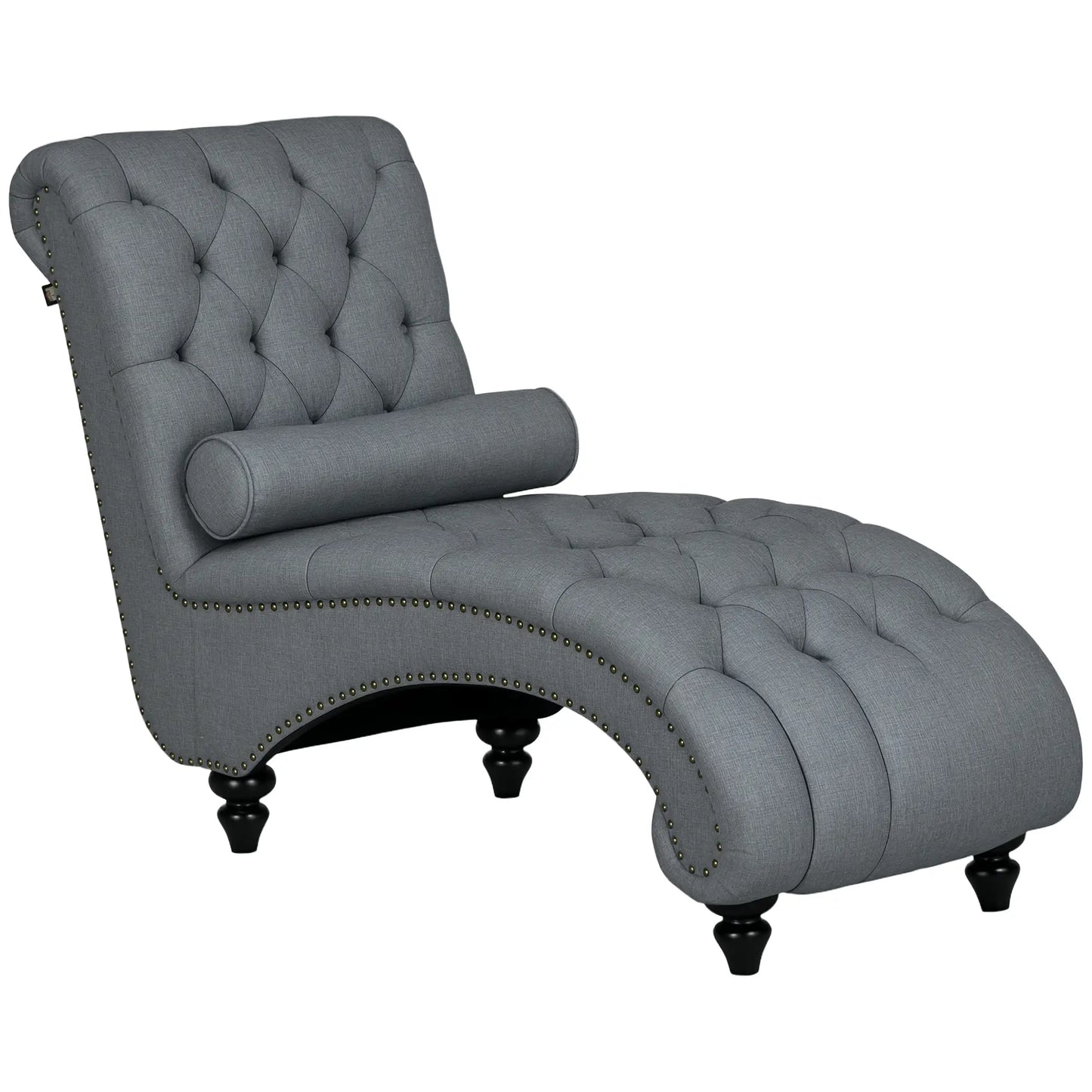 Button Tufted Chaise Lounge Chair, Upholstered with Bolster Pillow, Wood Legs, Nailhead Trim, Grey Single Sofas Grey at Gallery Canada