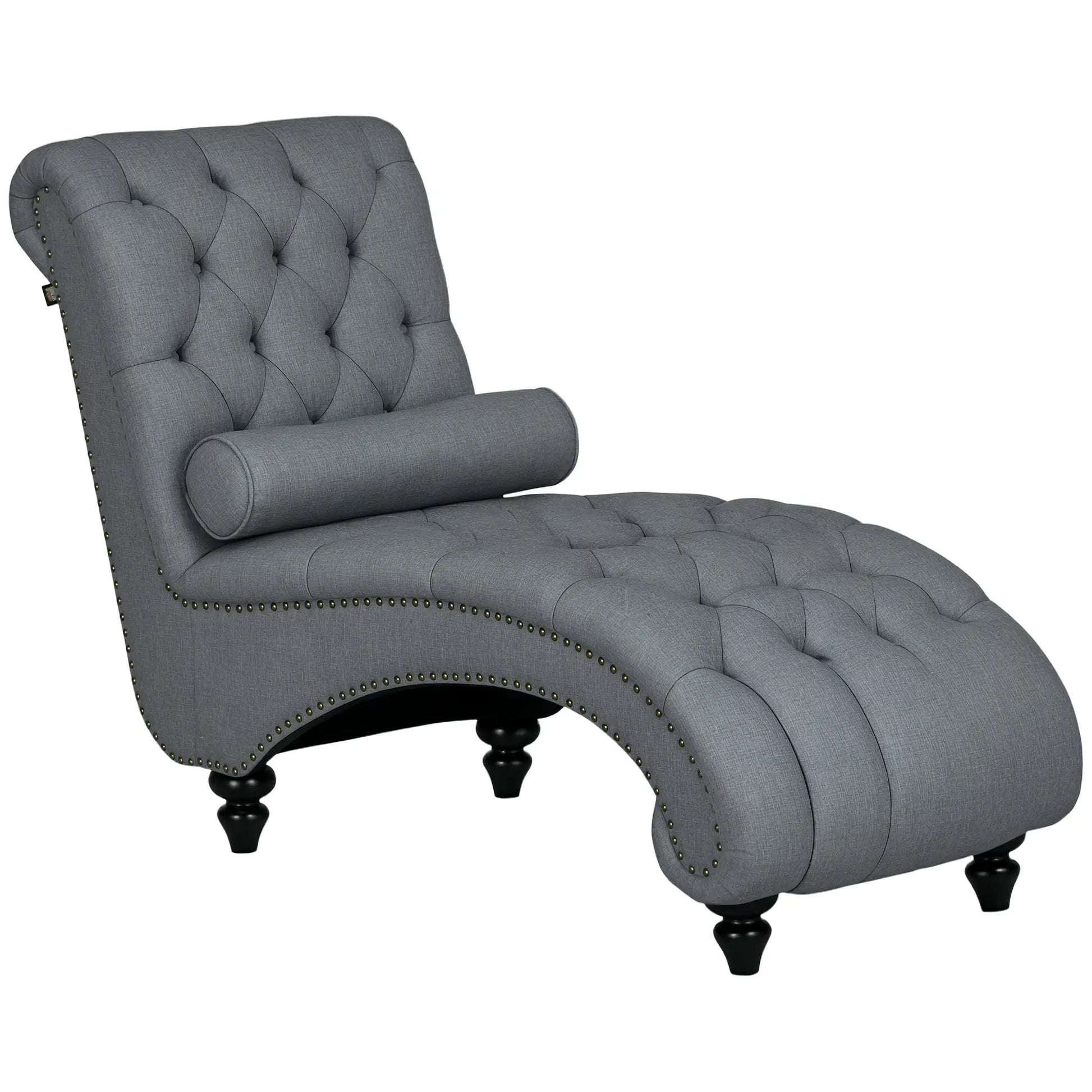 Button Tufted Chaise Lounge Chair, Upholstered with Bolster Pillow, Wood Legs, Nailhead Trim, Grey Single Sofas Grey at Gallery Canada