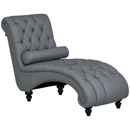 Button Tufted Chaise Lounge Chair, Upholstered with Bolster Pillow, Wood Legs, Nailhead Trim, Grey Single Sofas Grey at Gallery Canada