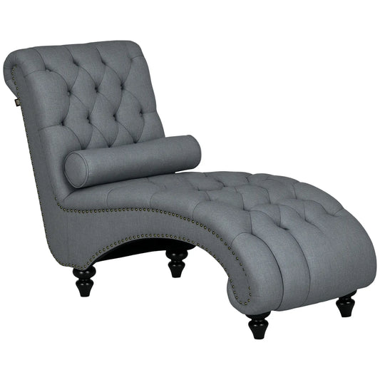 Button Tufted Chaise Lounge Chair, Upholstered with Bolster Pillow, Wood Legs, Nailhead Trim, Grey Single Sofas Grey at Gallery Canada