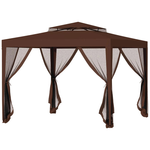 10' x 10' Outdoor Canopy Tent, Mesh Netting, Double Tier Roof, Brown