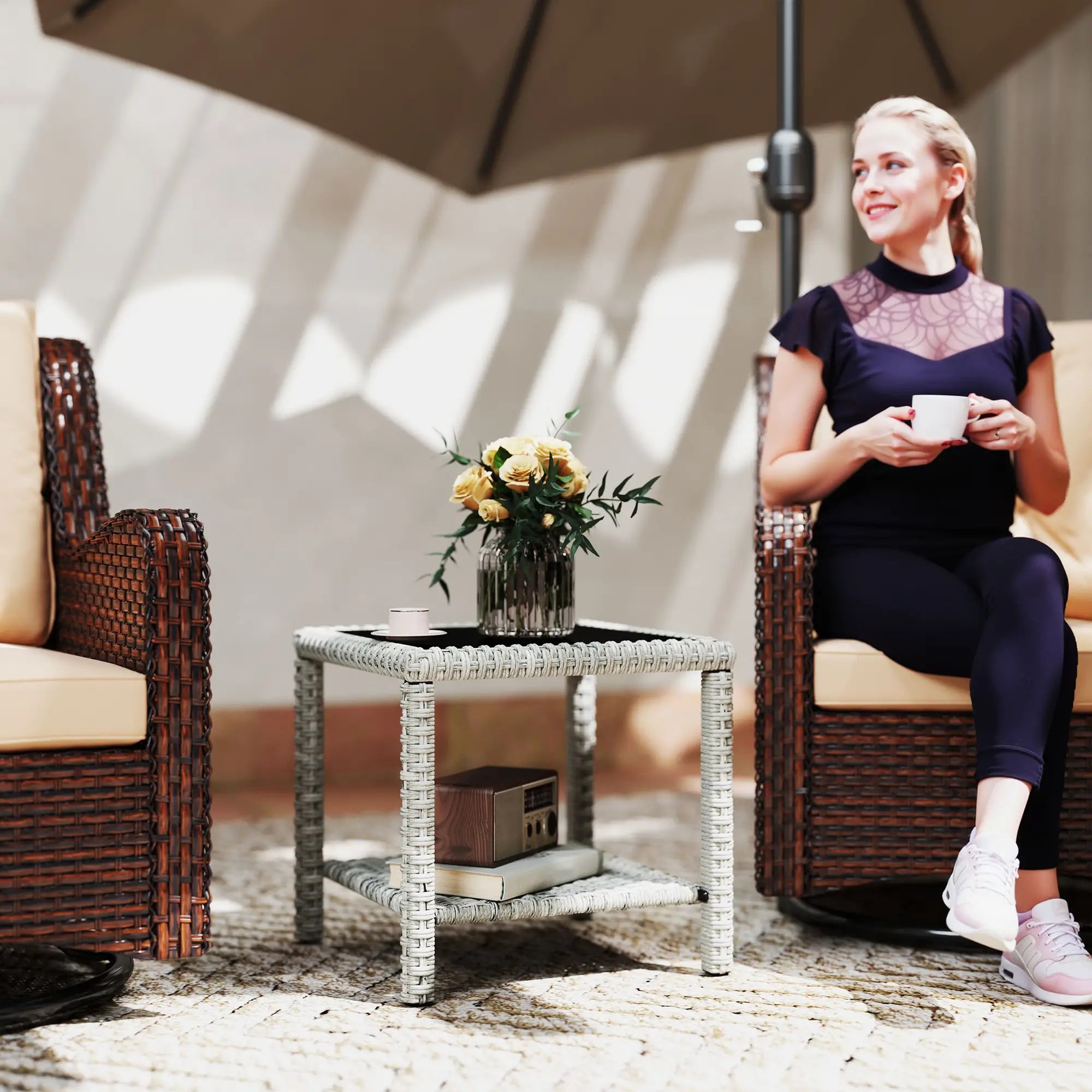 19 Outdoor Wicker Coffee Table, Glass Top, Storage Shelf, Dark Grey Patio Dinning Tables at Gallery Canada