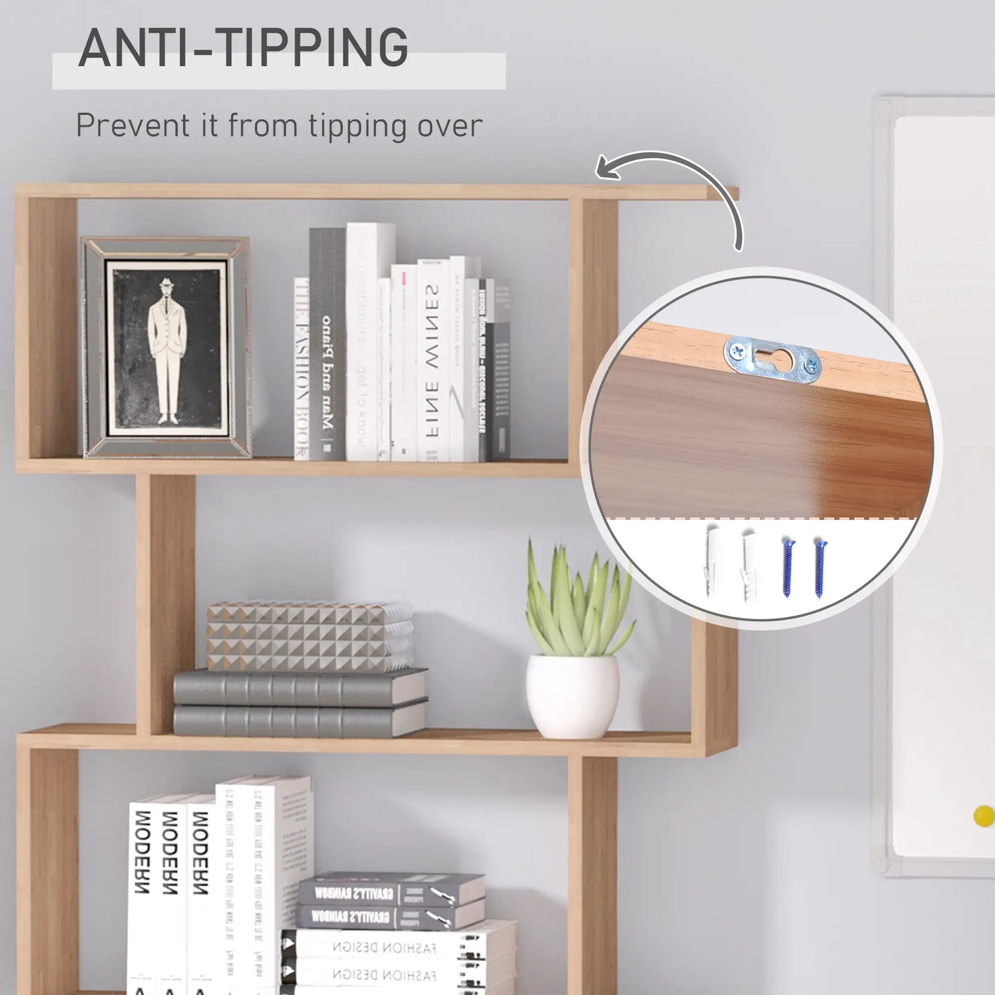 76" 6-Tier Geometric Wooden Bookcase, S Shaped Storage Display, Maple Display Bookshelves at Gallery Canada