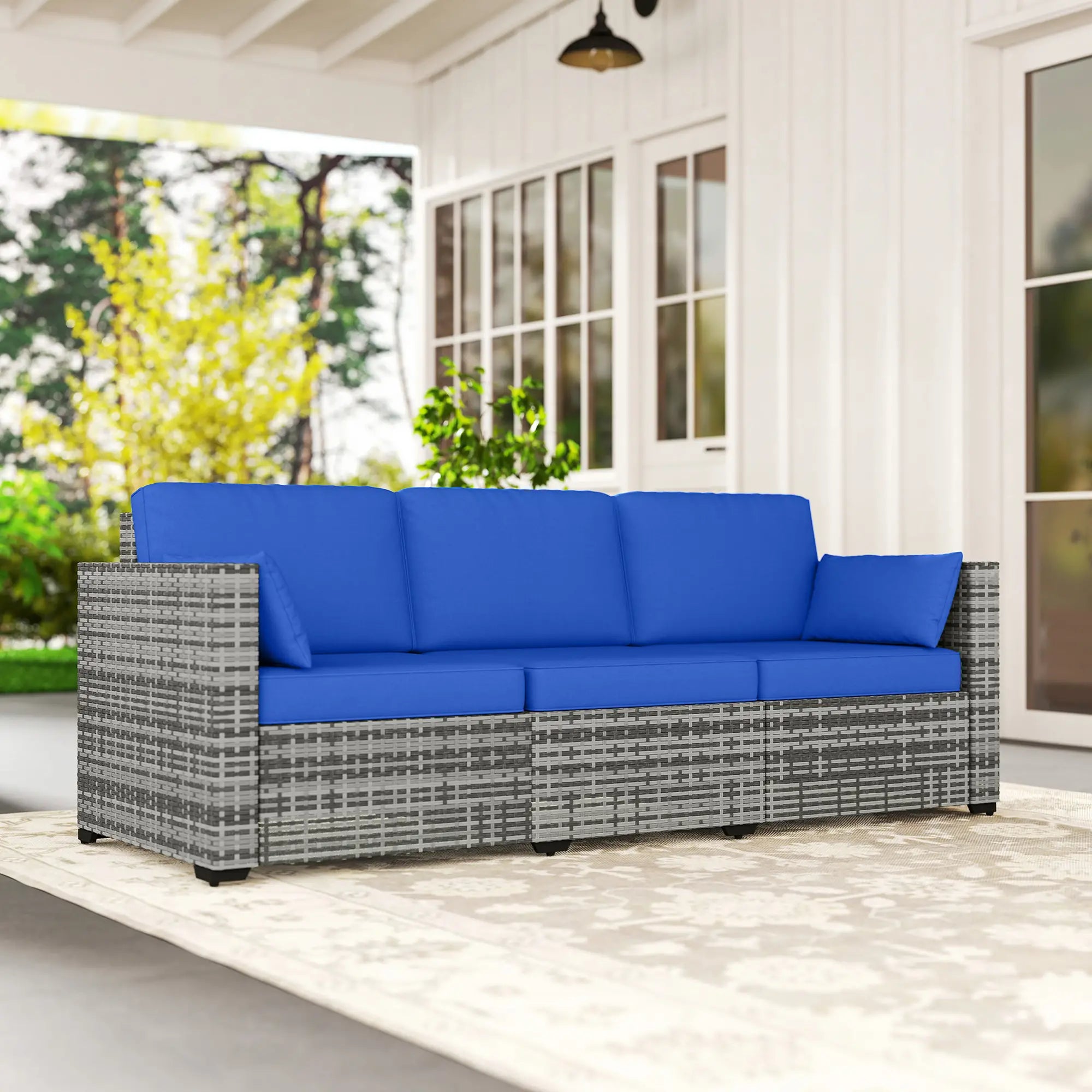 3-Seater Outdoor Sofa with Cushions, PE Rattan, Blue Patio Furniture Sets at Gallery Canada