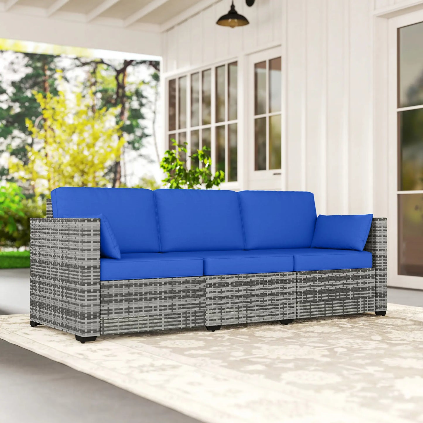 3-Seater Outdoor Sofa with Cushions, PE Rattan, Blue Patio Furniture Sets at Gallery Canada