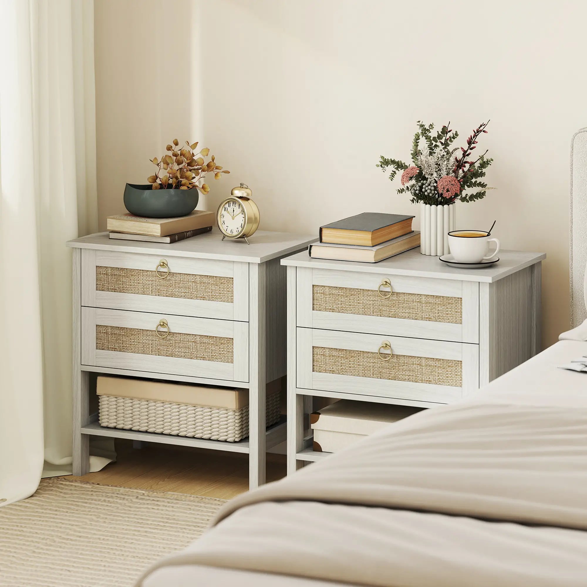 Set Of 2 Rattan Nightstands, 2 Drawers, Storage Shelf, White Oak Bedside Tables at Gallery Canada
