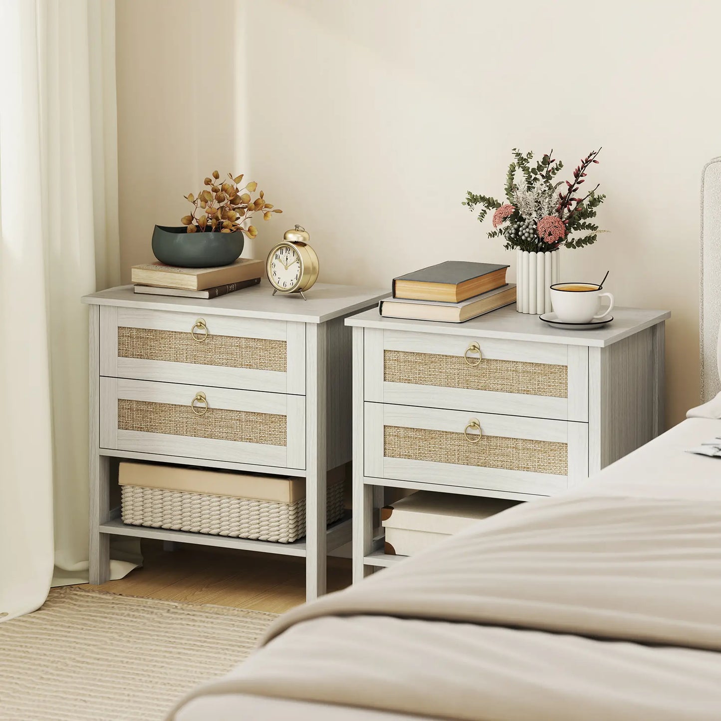 Set Of 2 Rattan Nightstands, 2 Drawers, Storage Shelf, White Oak Bedside Tables at Gallery Canada