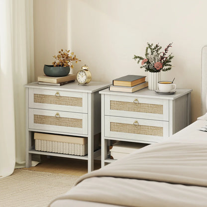 Set Of 2 Rattan Nightstands, 2 Drawers, Storage Shelf, White Oak Bedside Tables at Gallery Canada