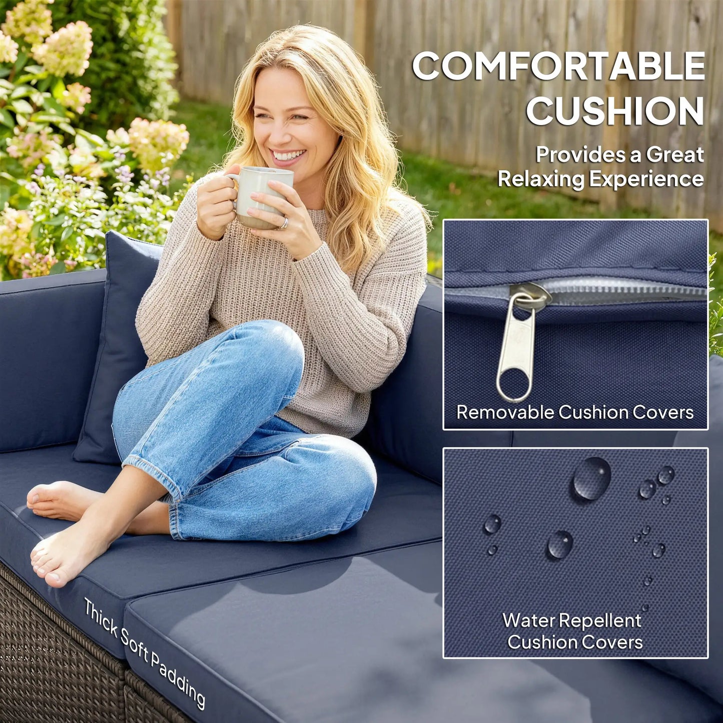 7pc Garden Wicker Sectional Set, Patio Rattan Lounge Sofa, Navy Blue Patio Furniture Sets at Gallery Canada