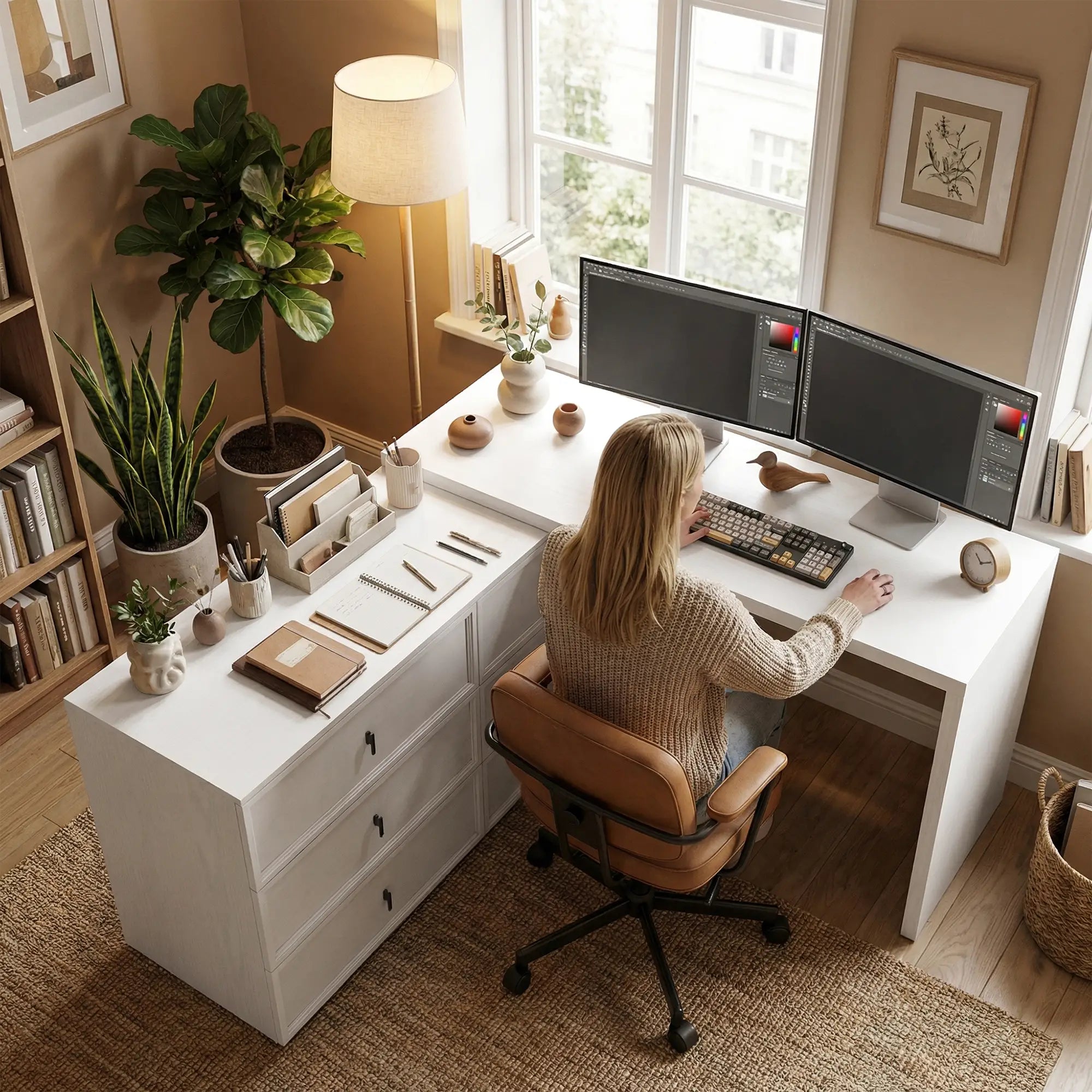 L Shaped Computer Desk, 6 Drawers, White Wood Grain, White Computer Desks at Gallery Canada