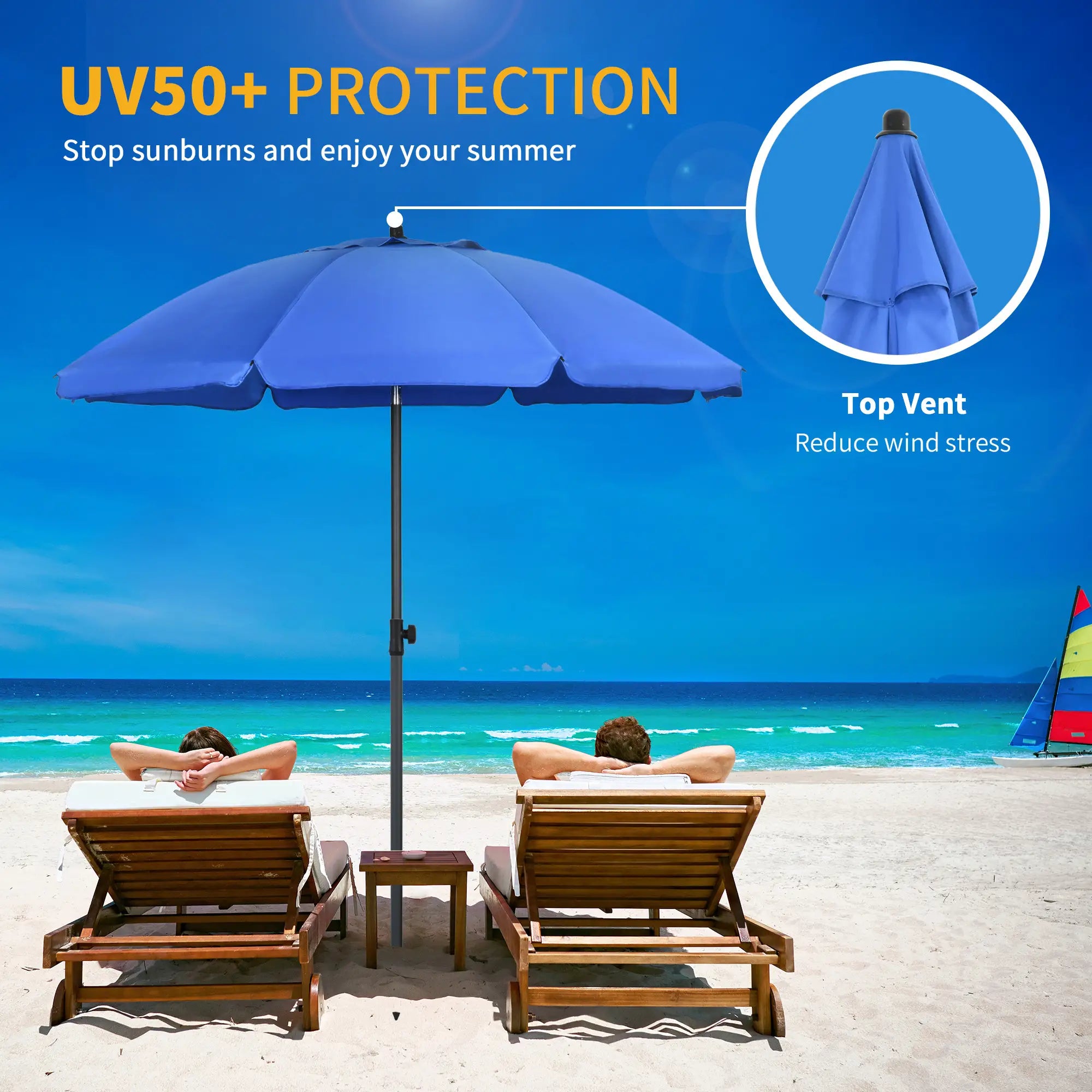 6ft Beach Umbrella, UV50+ Vented Canopy, Push Button Tilt, Blue Beach Umbrellas at Gallery Canada
