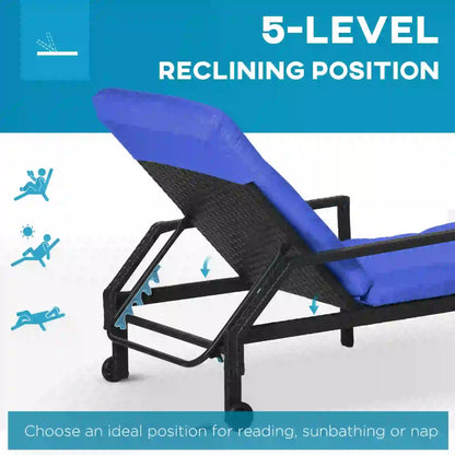 PE Rattan Chaise Lounger, Outdoor Recliner, 5-Level Backrest, 2 Wheels, Dark Blue Chaise Loungers at Gallery Canada