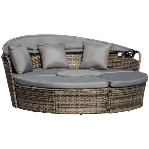 Outdoor Daybed with Canopy, PE Rattan Round Sofa, Patio Set with Cushions, Grey
