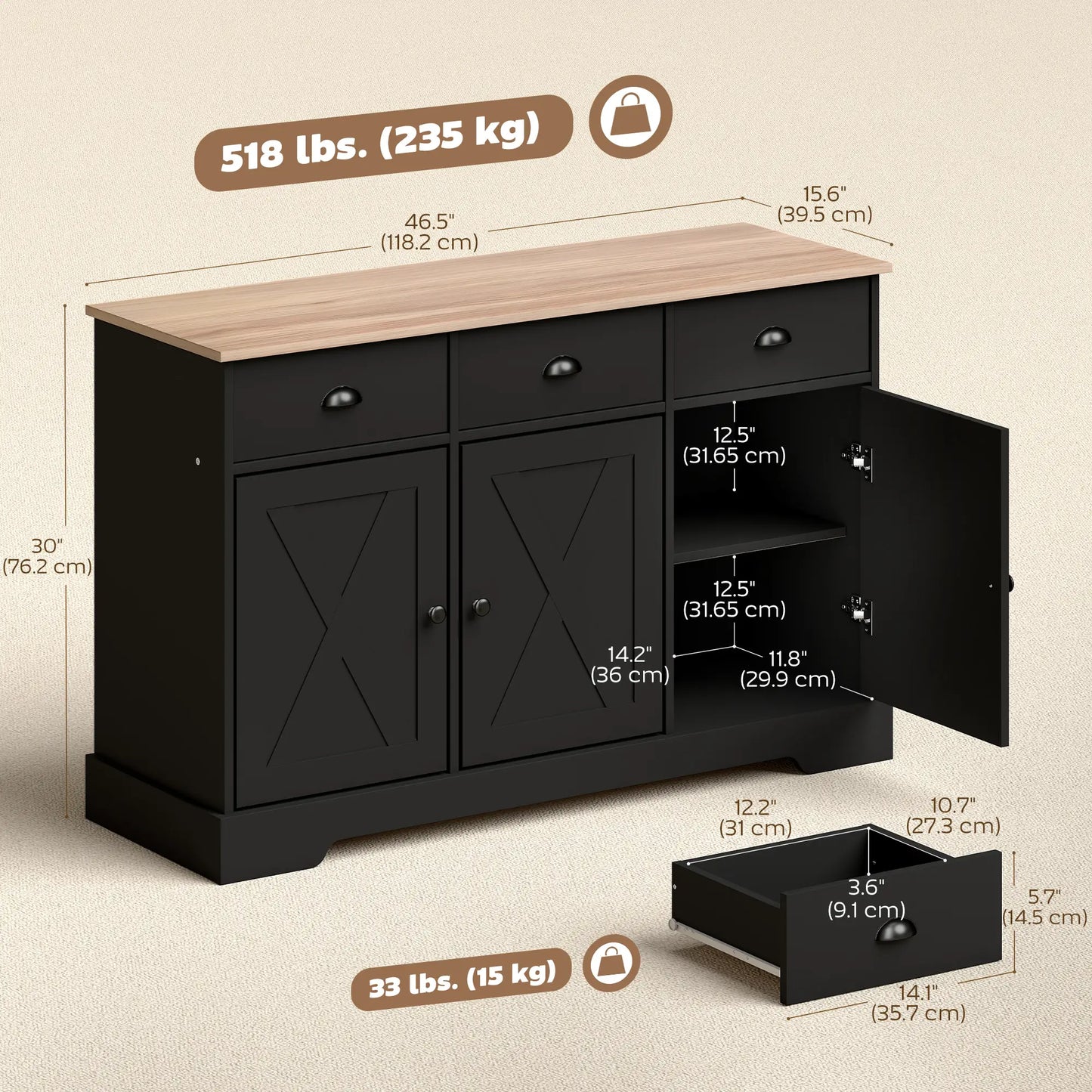 46.5" Buffet Cabinet, Farmhouse Sideboard, 3 Barn Doors, 3 Drawers, Black Bar Cabinets at Gallery Canada