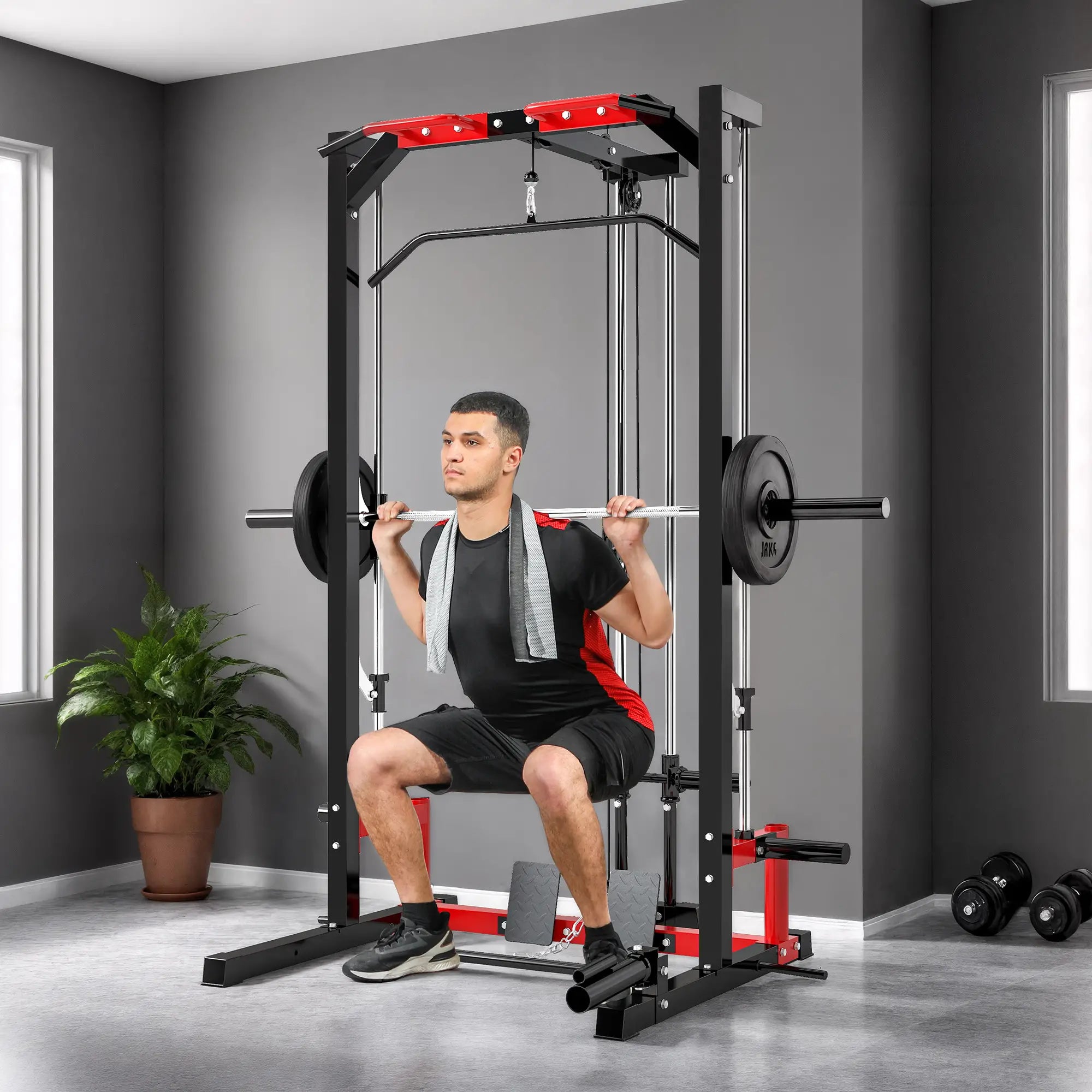 Smith Machine Power Rack with Pull Up Bar, Lat Pull Down, Landmine Power Towers at Gallery Canada