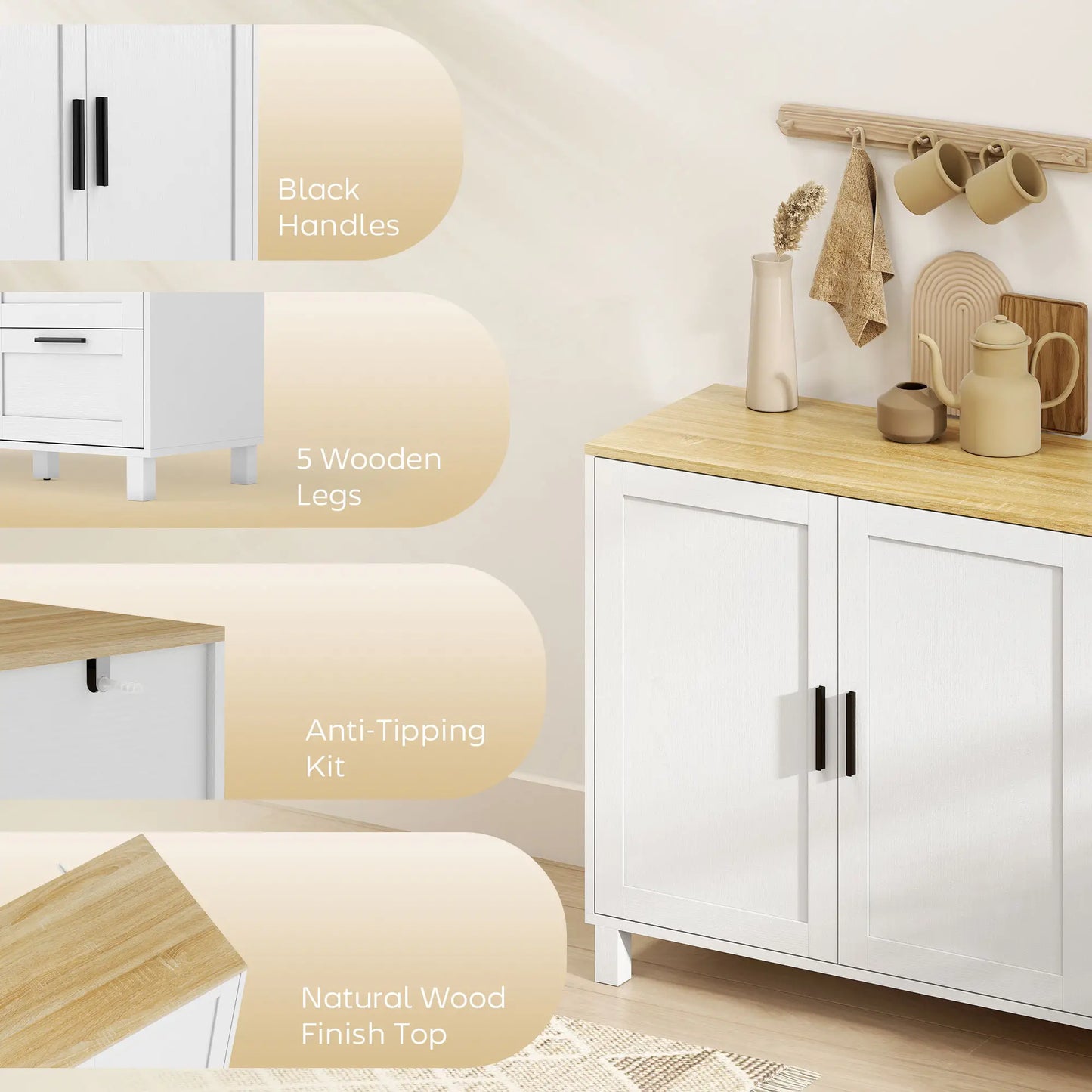 Buffet Cabinet with Soft Close Doors, Modern Sideboard with 3 Drawers, White Bar Cabinets at Gallery Canada
