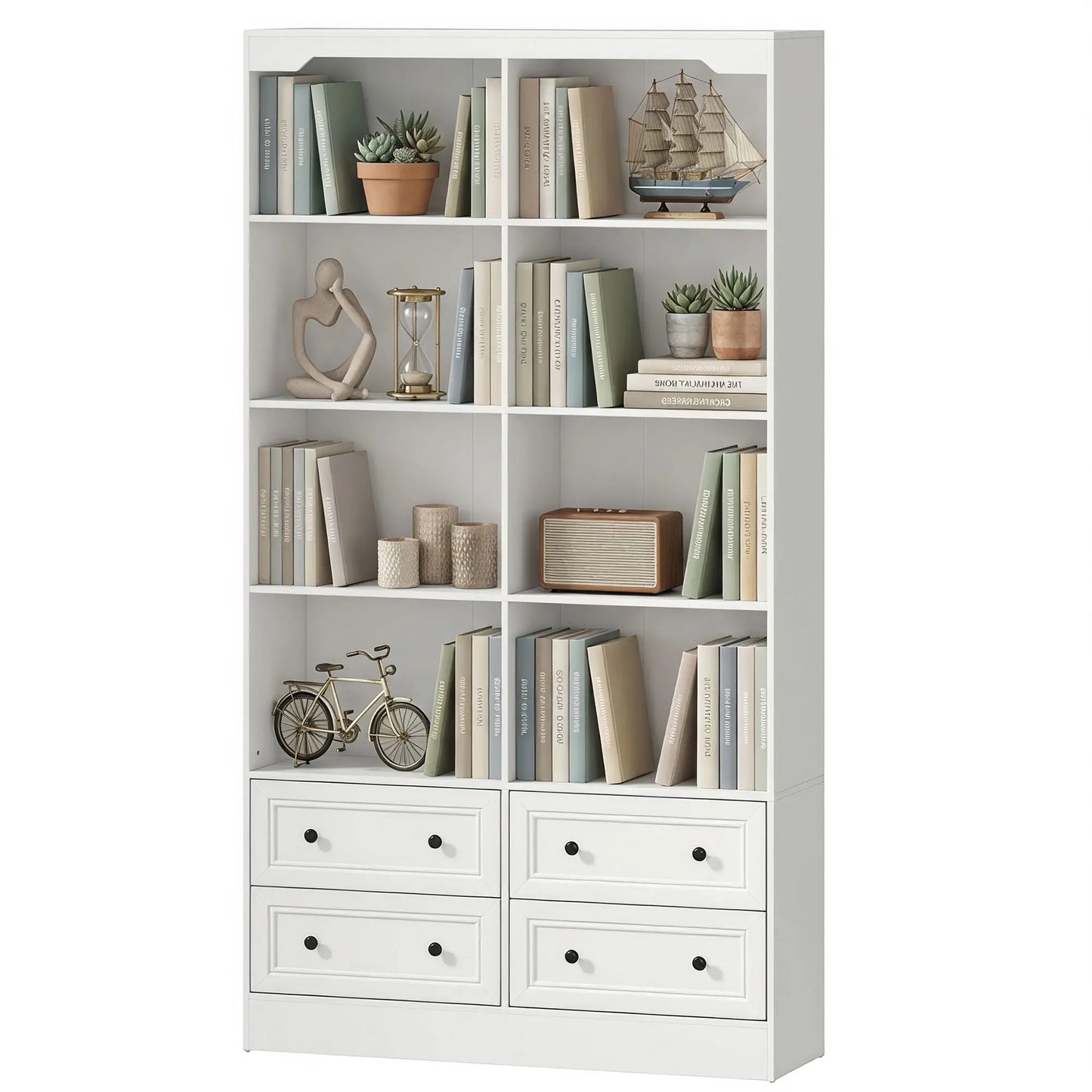 5-Tier Bookcase with 8 Cubbies, 4 Drawers, White Display Bookshelves White, Black at Gallery Canada
