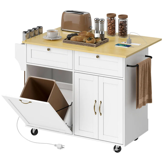 Kitchen Island Cart with Charging Station, Drop Leaf, Trash Can Cabinet, White Kitchen Islands & Kitchen Carts White, Natural at Gallery Canada
