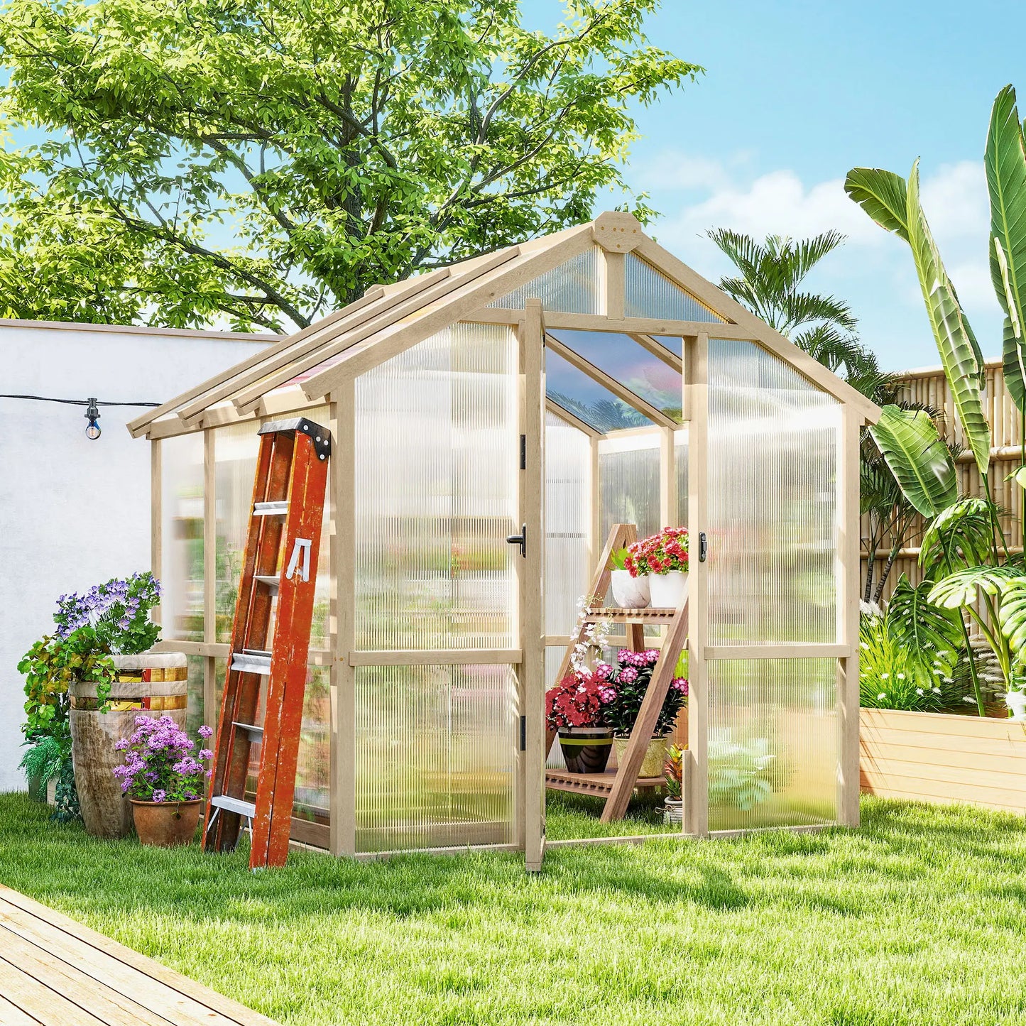 6.6 x 6ft Polycarbonate Greenhouse, Wooden, Lockable Door, Brown Walk In Greenhouses at Gallery Canada